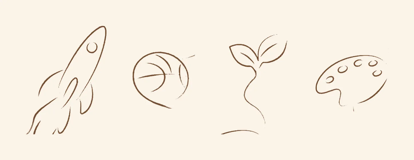 Line drawings from the cover: rocket, basketball, sprout, palette