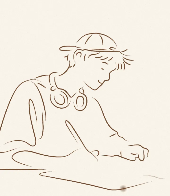 Brown single-line drawing of a boy drawing