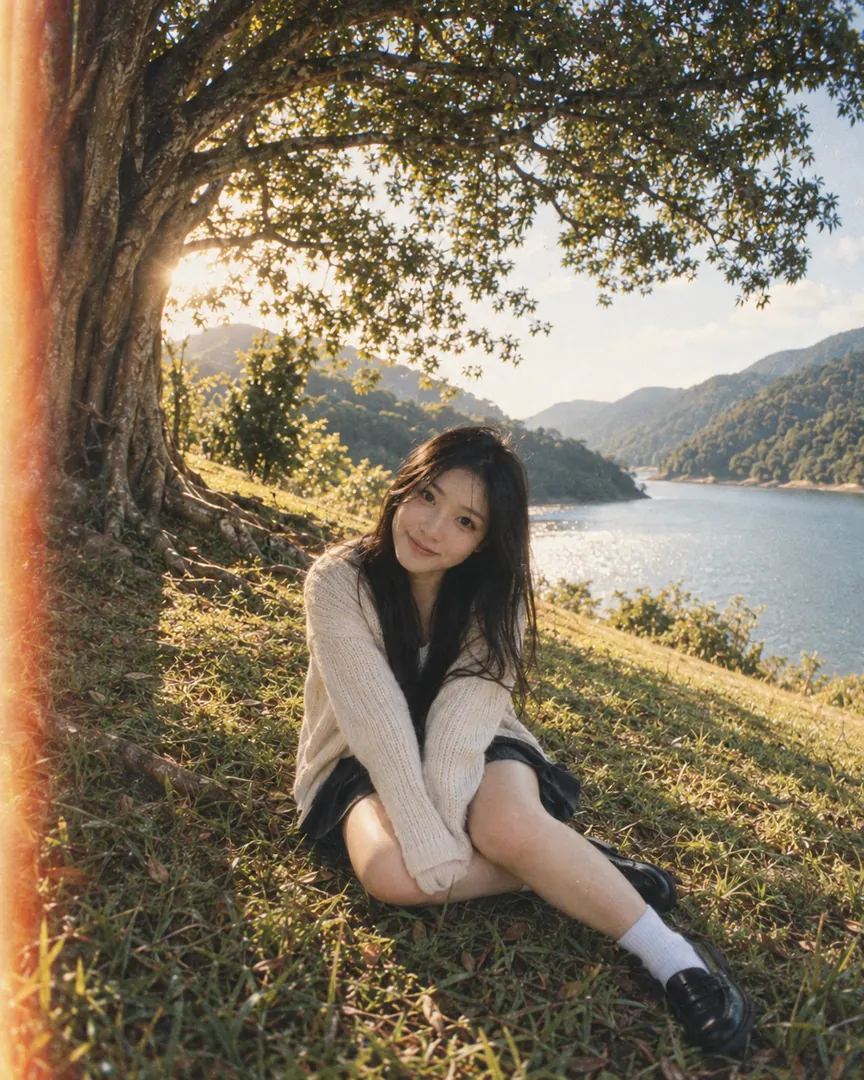 Film version: warm tones, visible grain and a light leak on the left edge