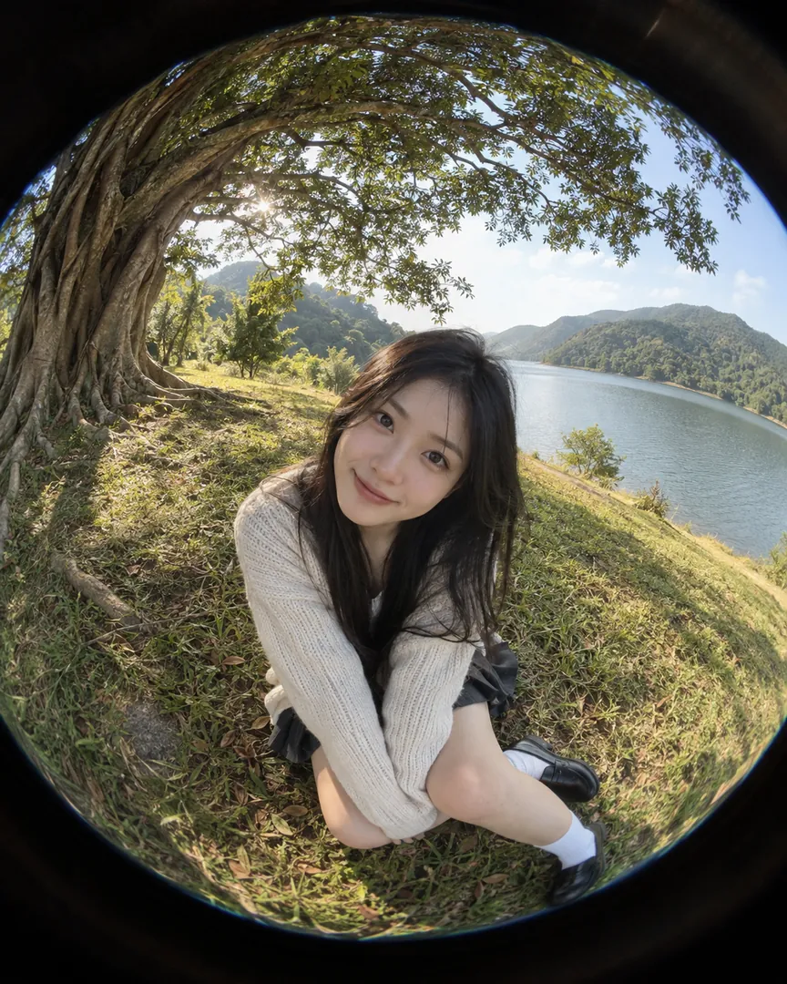 Fisheye version: a circular frame close to the face, with the tree and hills curving around the edge