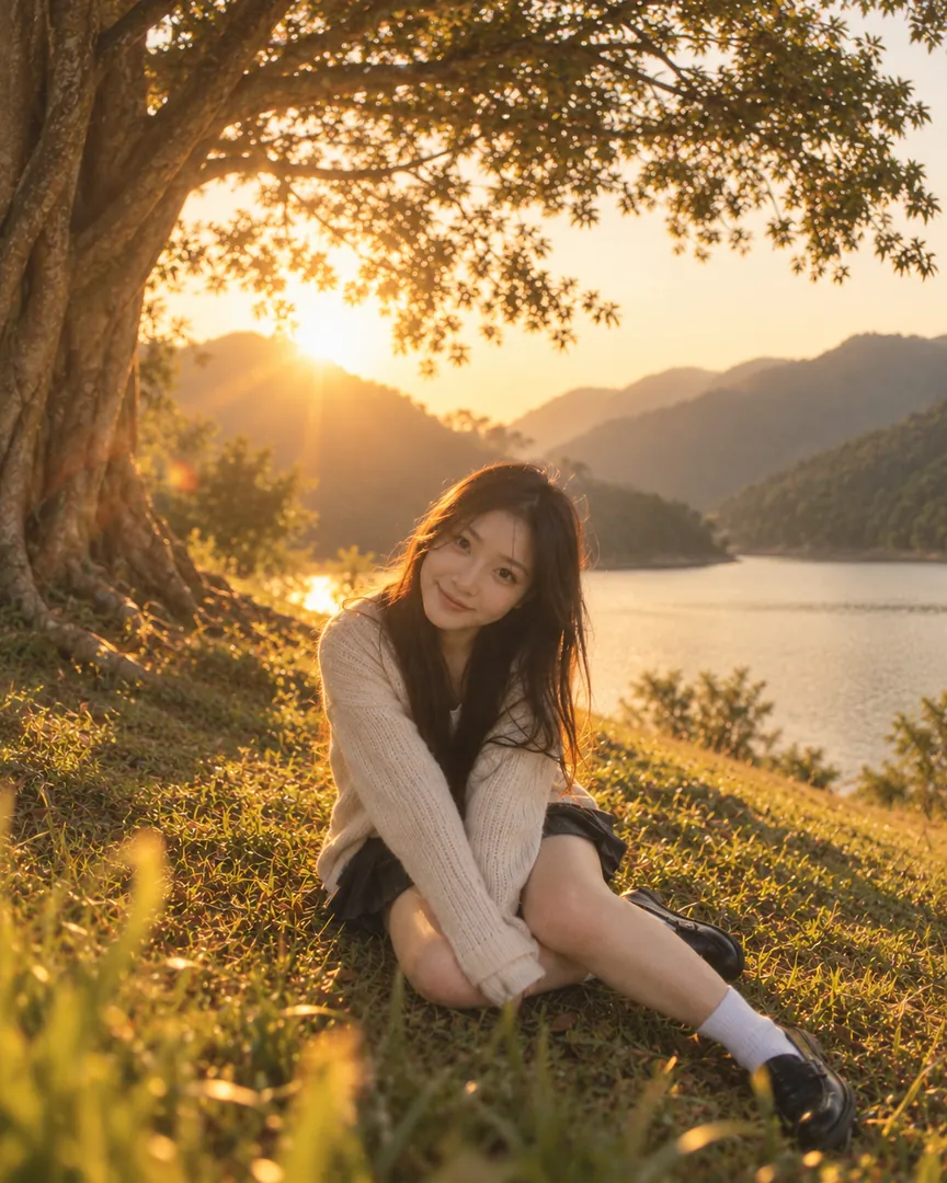 Golden hour version: the sun behind her, a glowing edge on her hair, the grass lit up
