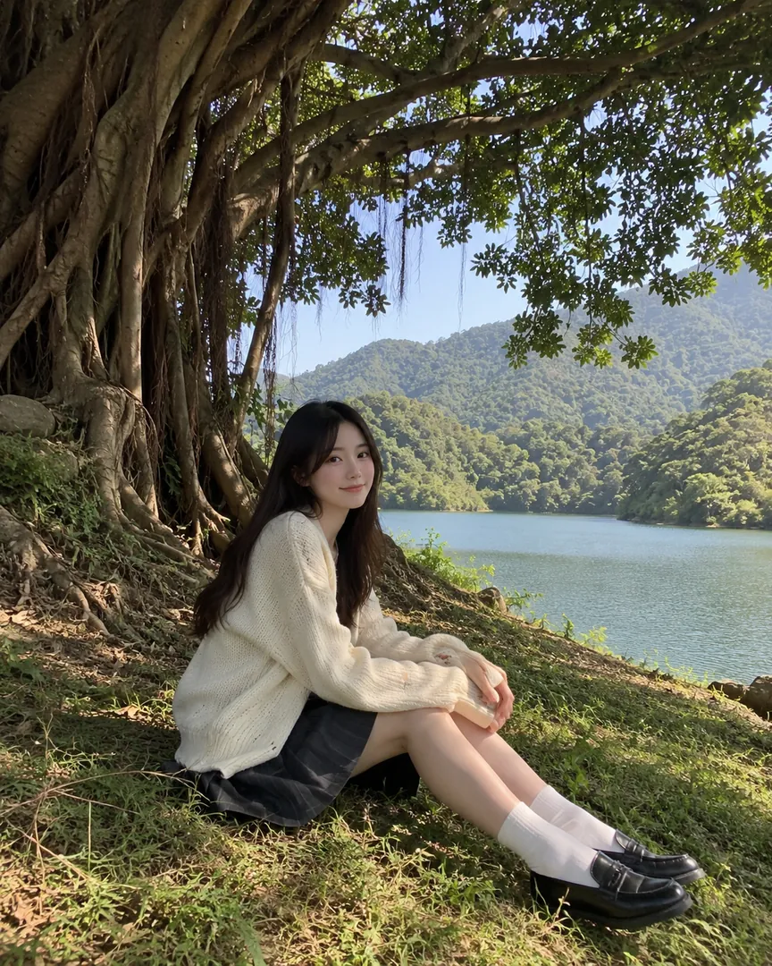 Sample original: a woman with long hair sits on a grassy slope under a big tree by a lake, shot at eye level