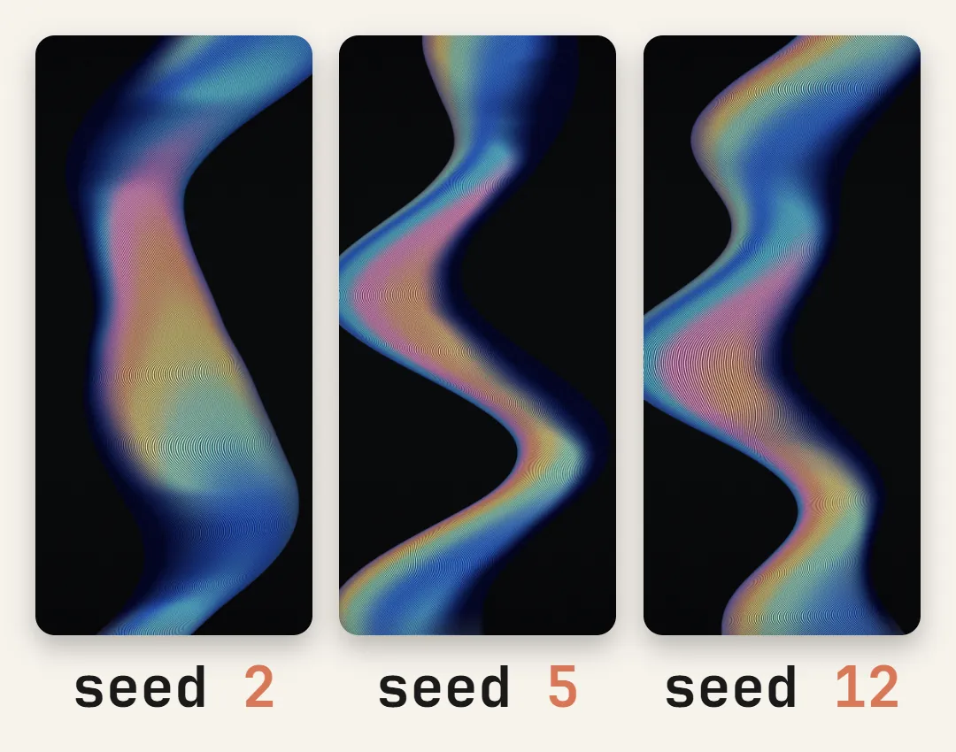 同一套薄膜漂流演算法在 seed 2、5、12 畫出的三張不同桌布