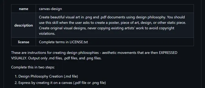 GitHub 上 canvas-design 的 SKILL.md：名稱、說明和兩個步驟