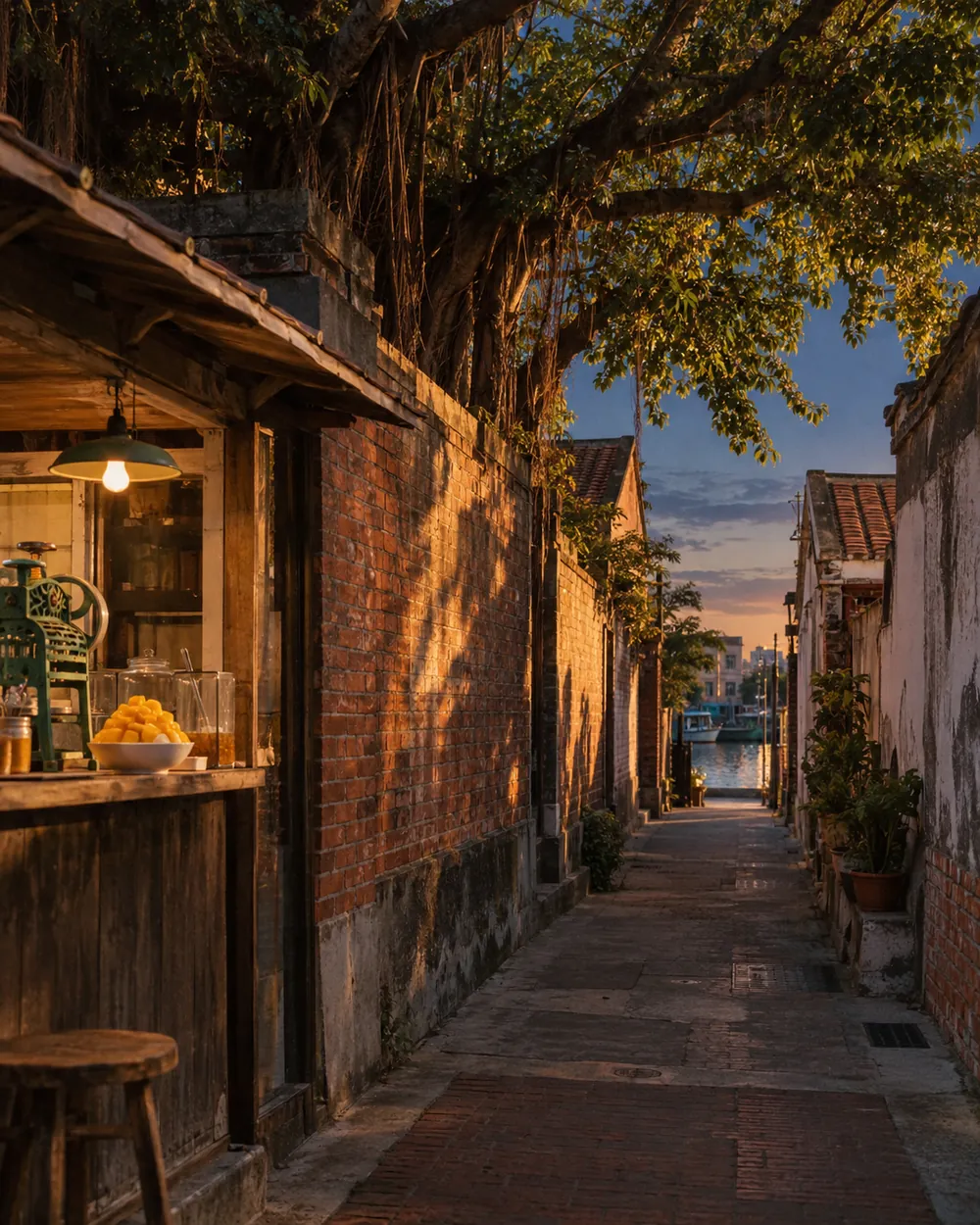 ChatGPT photo of an old Tainan lane at dusk: brick wall, mango ice, white houses, banyan tree, canal