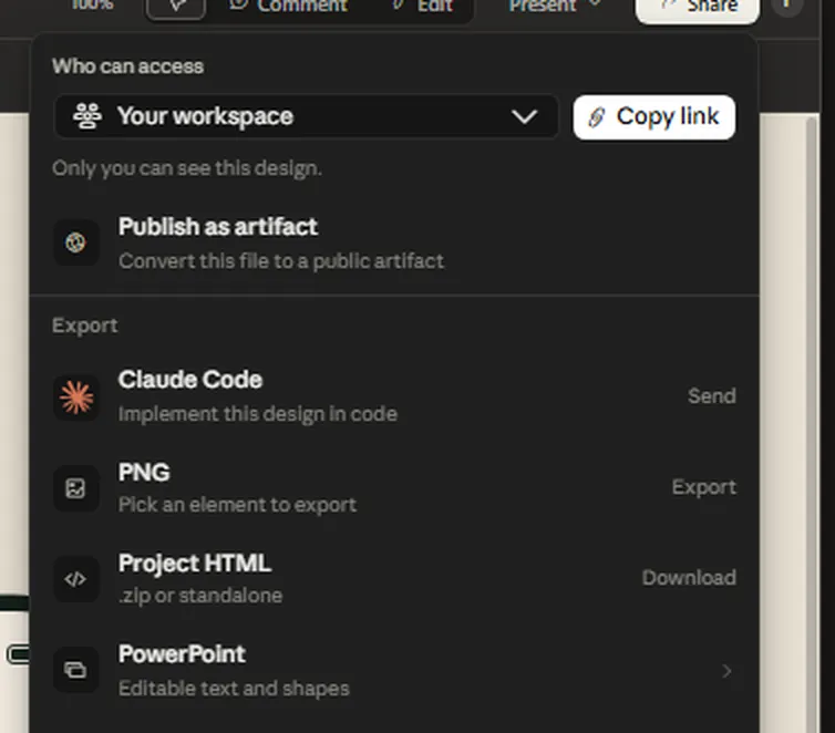 Claude Design Share menu with Claude Code, PNG, Project HTML and PowerPoint export options
