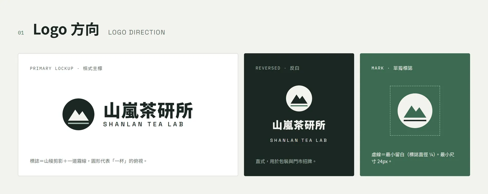 山嵐茶研所的 logo 方向：橫式主標、反白直式、單獨標誌