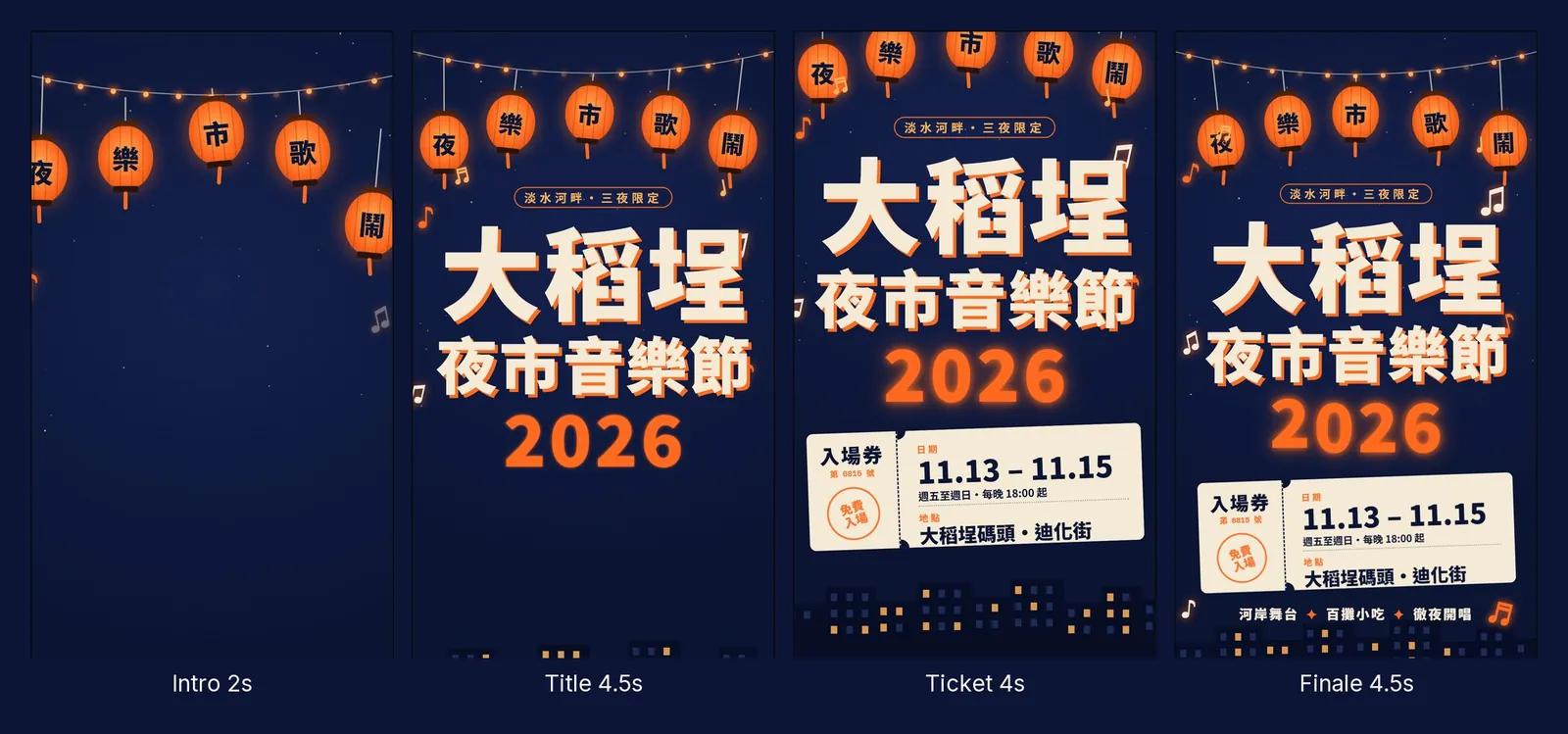 動態海報四段的畫面：Intro、Title、Ticket、Finale