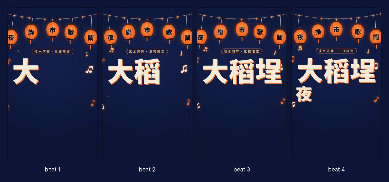 標題每一拍多彈出一個字：大、大稻、大稻埕、夜