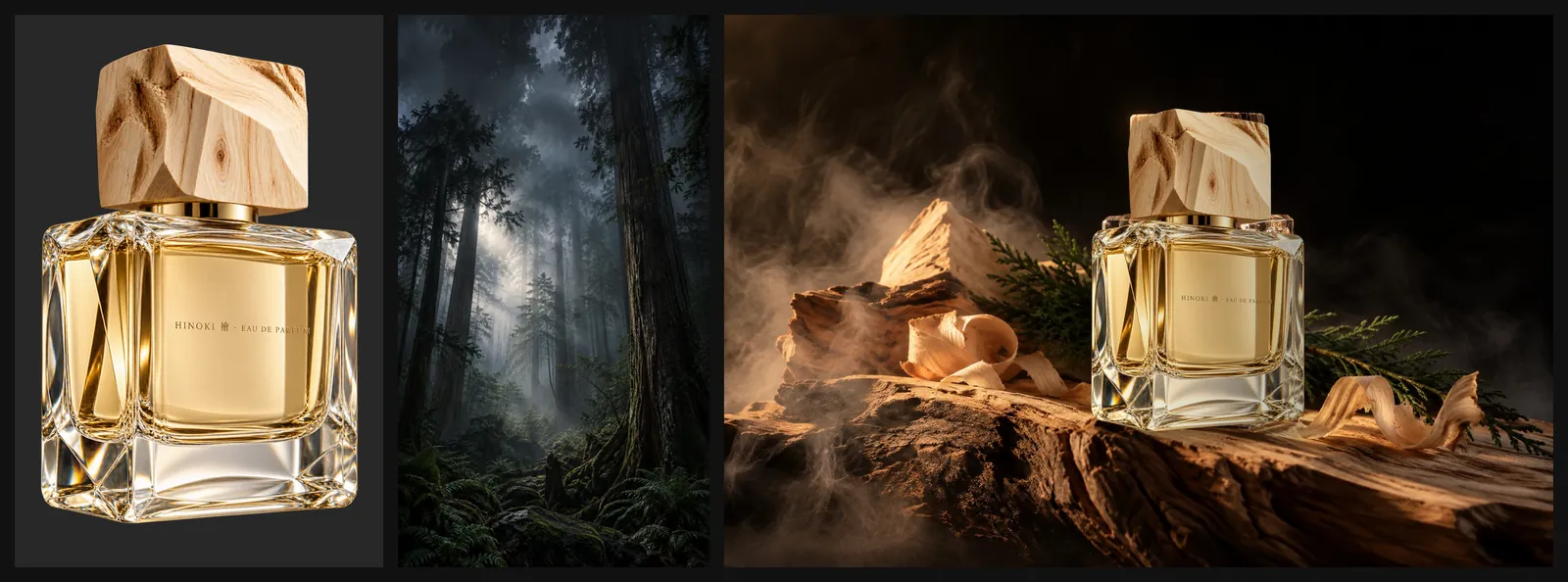 Perfume bottle cut-out, misty hinoki forest, and the bottle on hinoki wood