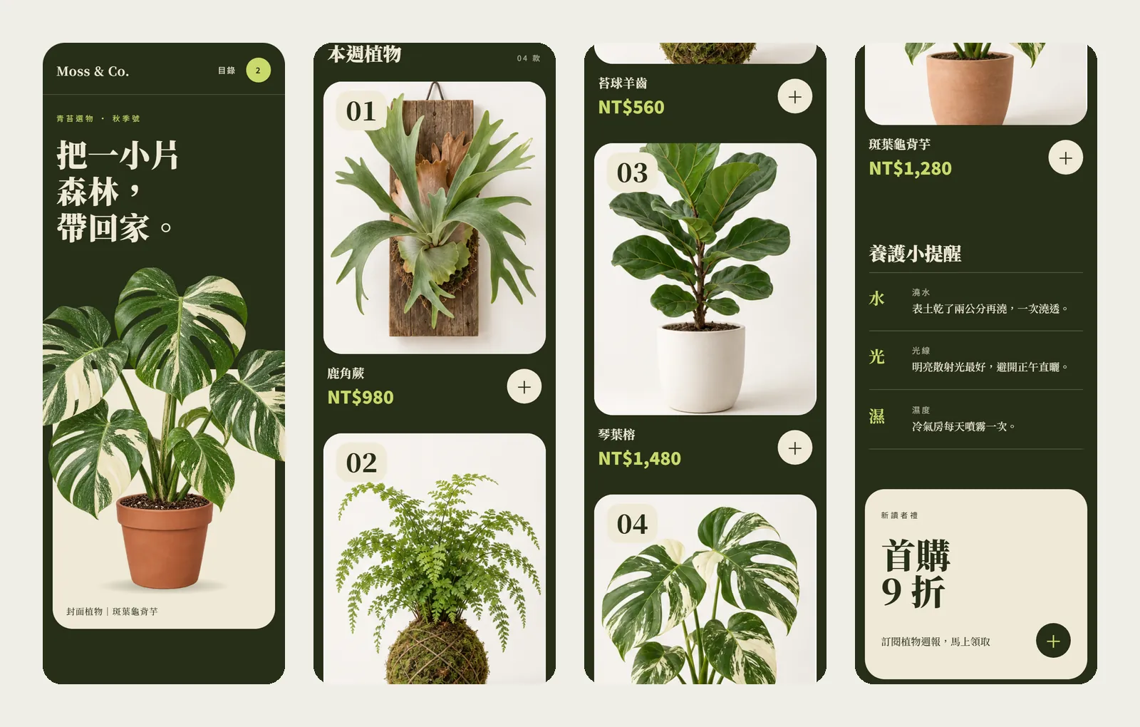 The complete long homepage of version C, split into four strips from left to right
