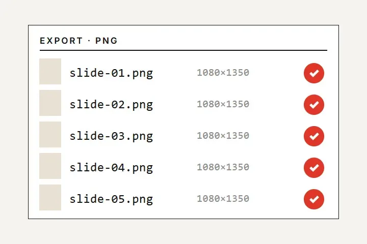 Export list: five PNG files, slide-01 to slide-05, each 1080×1350
