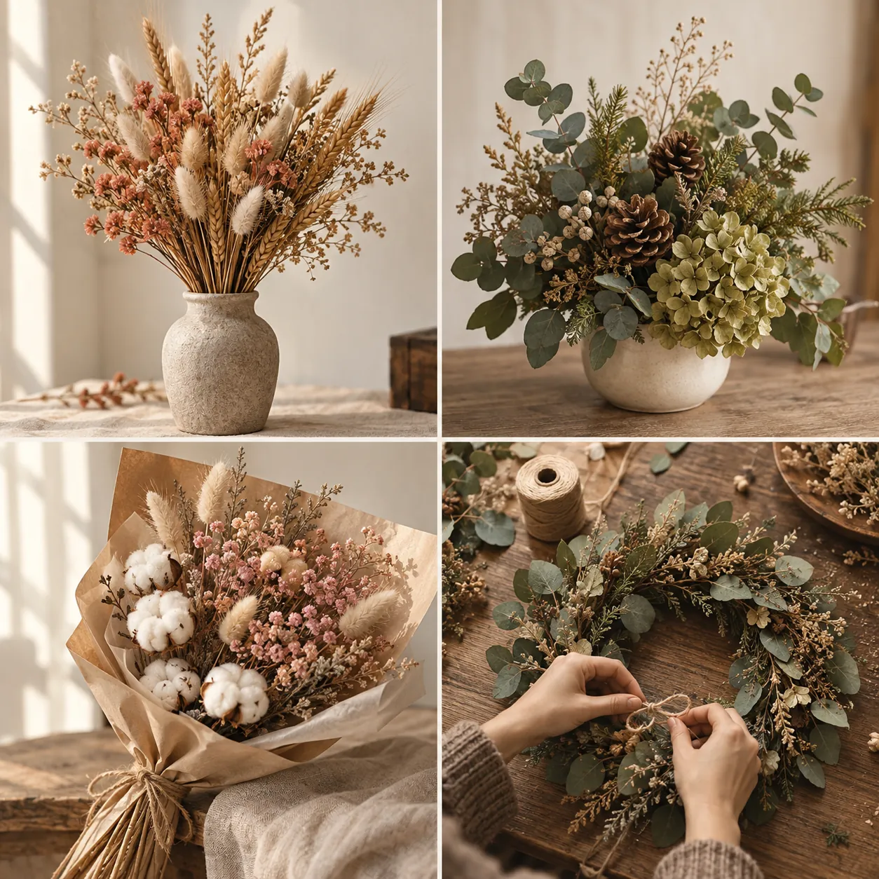 Four ChatGPT photos: a dried bouquet, a green arrangement, a cotton bouquet and hands making a wreath