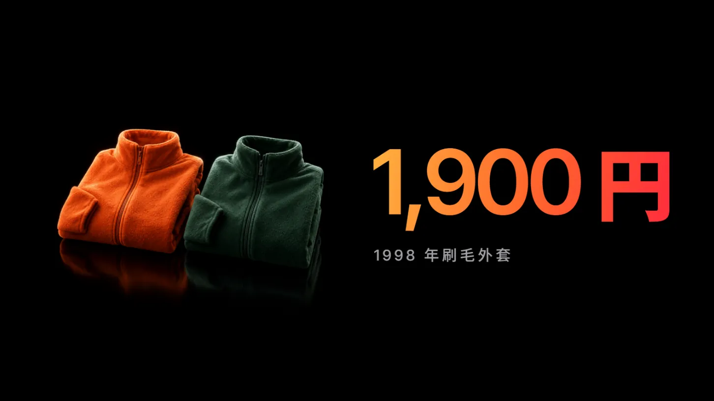 黑底簡報頁：左邊兩件刷毛外套，右邊橘紅漸層的 1,900 円