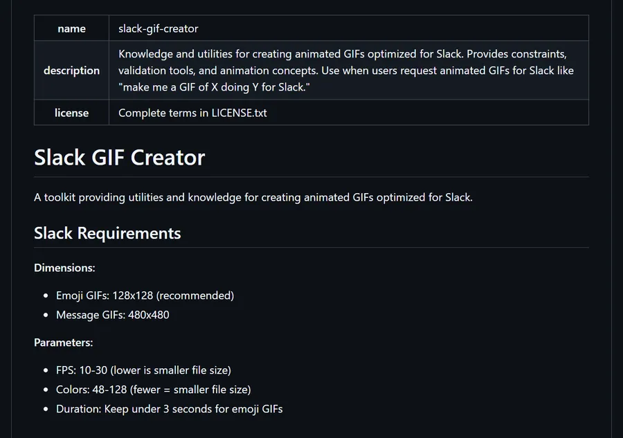 The slack-gif-creator SKILL.md on GitHub: name, description and Slack requirements