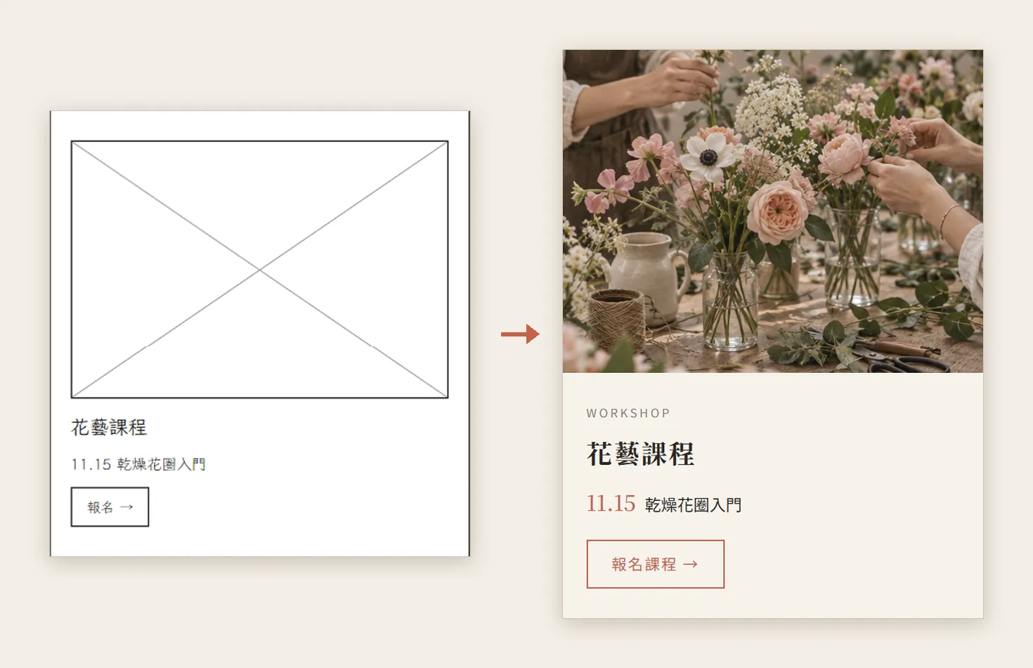 花藝課程區塊：左邊是叉叉框和報名按鈕，右邊換成花藝課桌面照片和報名課程按鈕