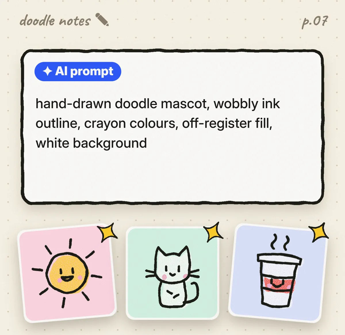 Reel frame: an AI prompt card above three hand-drawn stickers of a sun, a cat and a milk tea cup