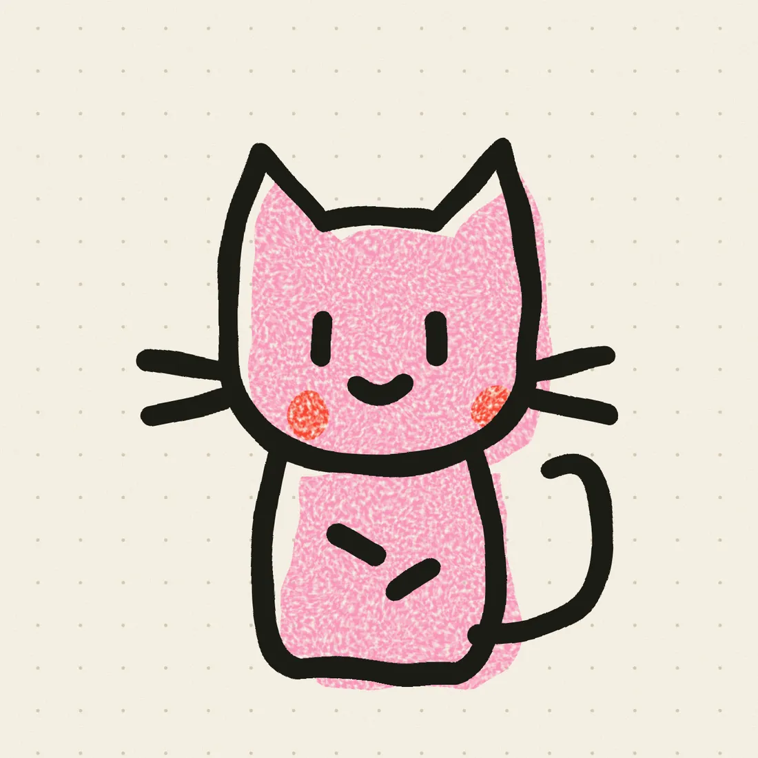 A pink hand-drawn cat: simple eyes, one smile line, two blush marks
