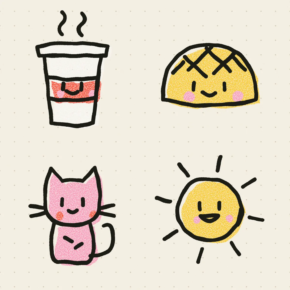 Four hand-drawn icons filled with crayon-textured color, all offset down and to the right