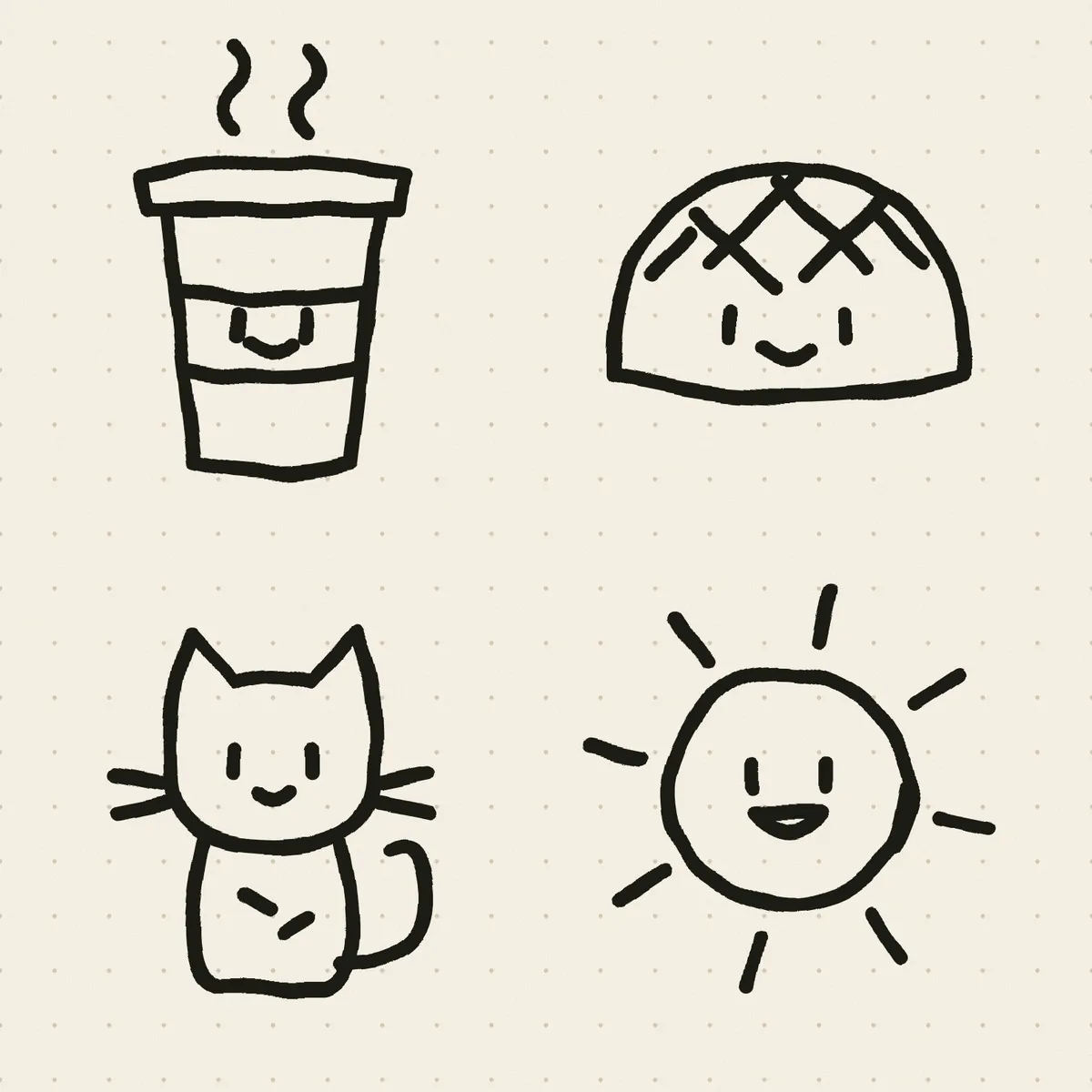 Four hand-drawn icons in black ink lines only: a milk tea cup, a pineapple bun, a cat, a sun