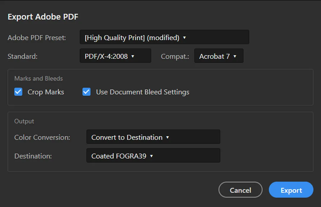 Export Adobe PDF dialog: PDF/X-4:2008, Crop Marks, Use Document Bleed Settings