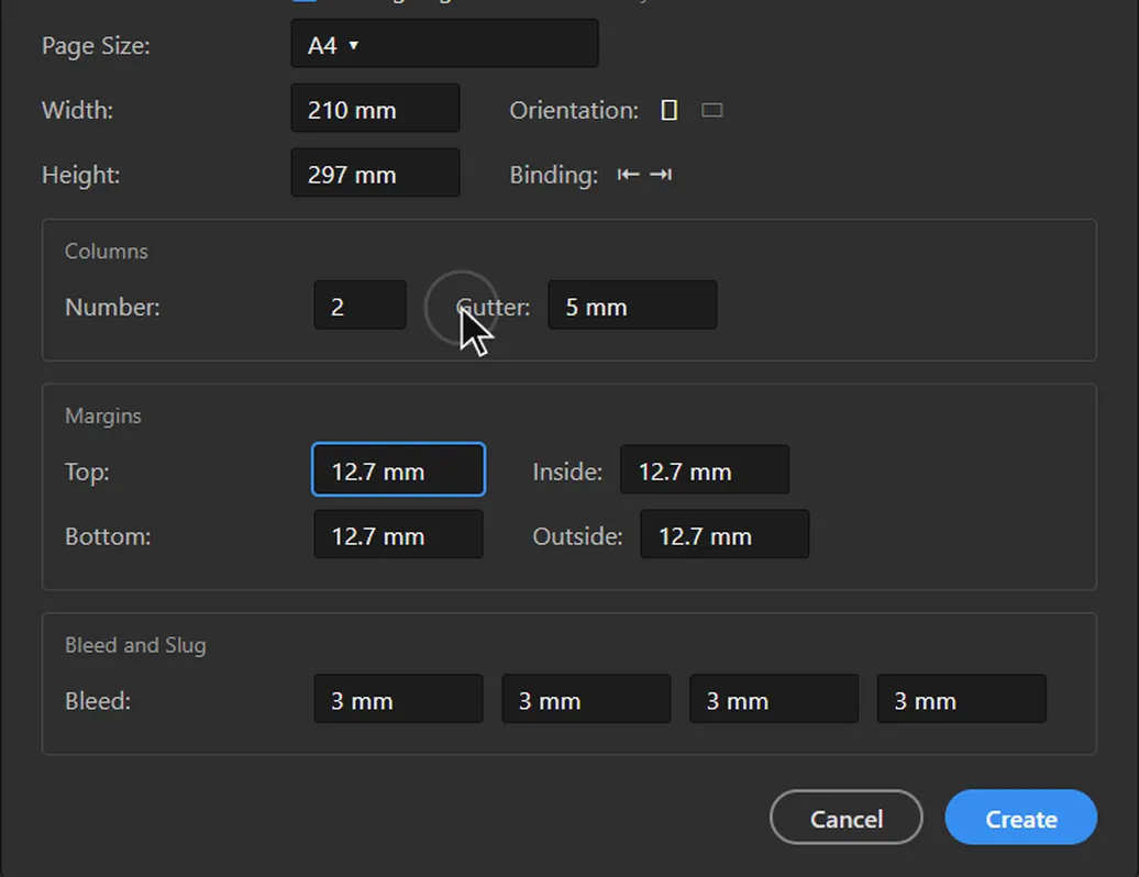 InDesign New Document dialog: A4, 2 columns, 12.7 mm margins, 3 mm bleed