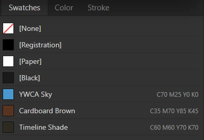 Three CMYK swatches in the Swatches panel