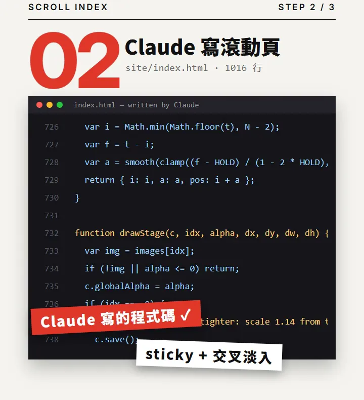Reel frame: the scroll page code Claude wrote, using scroll progress to pick which image to draw