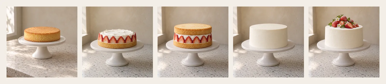5 cake images ChatGPT made from one camera angle: sponge, cream and strawberries, second layer, frosting, decorated